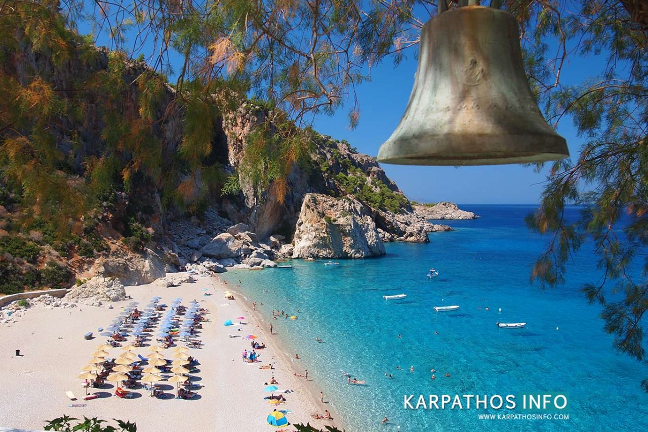 Karpathos Kyra Panagia beach views with a hanging bell