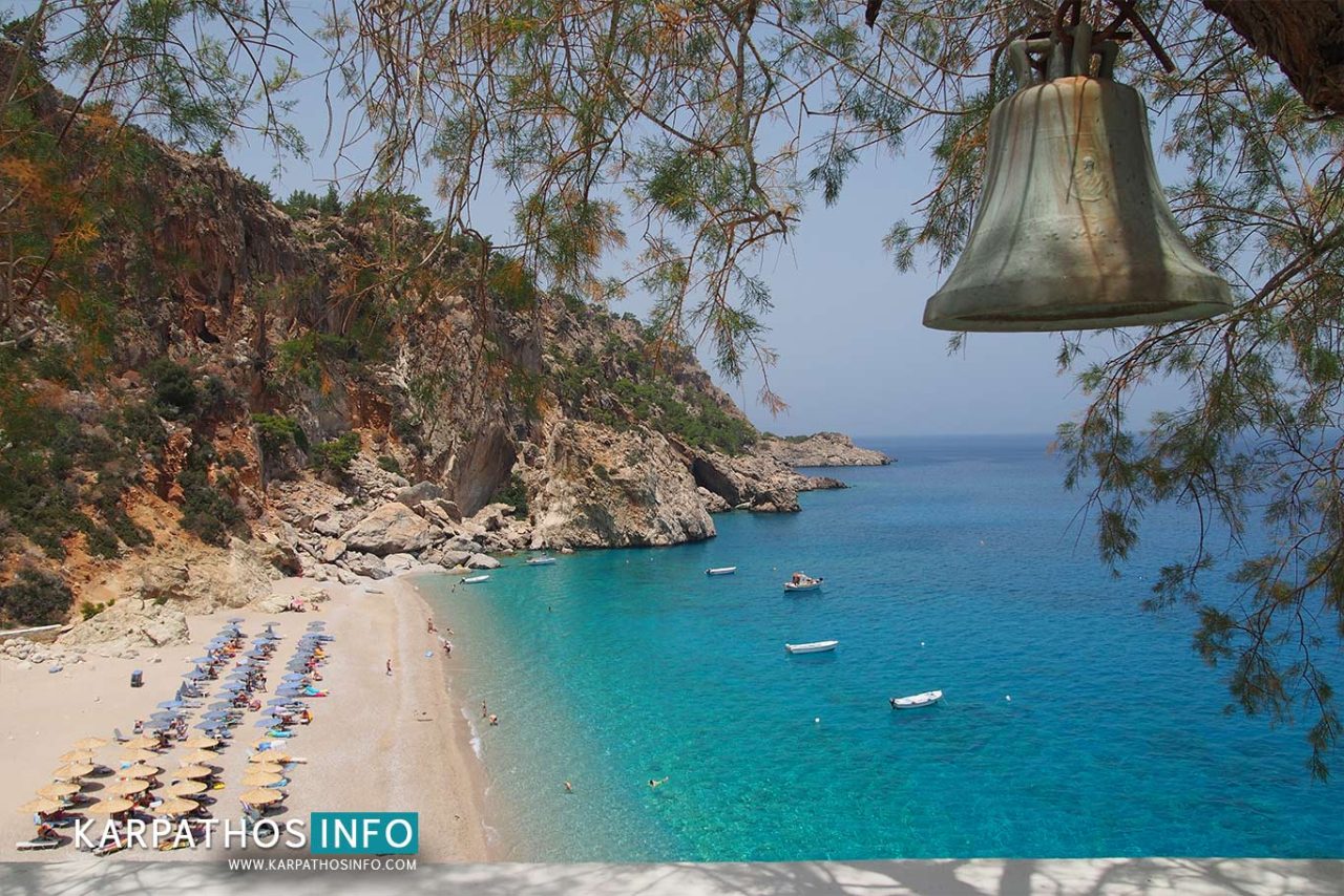 Kyra Panagia beach view with bell from the church