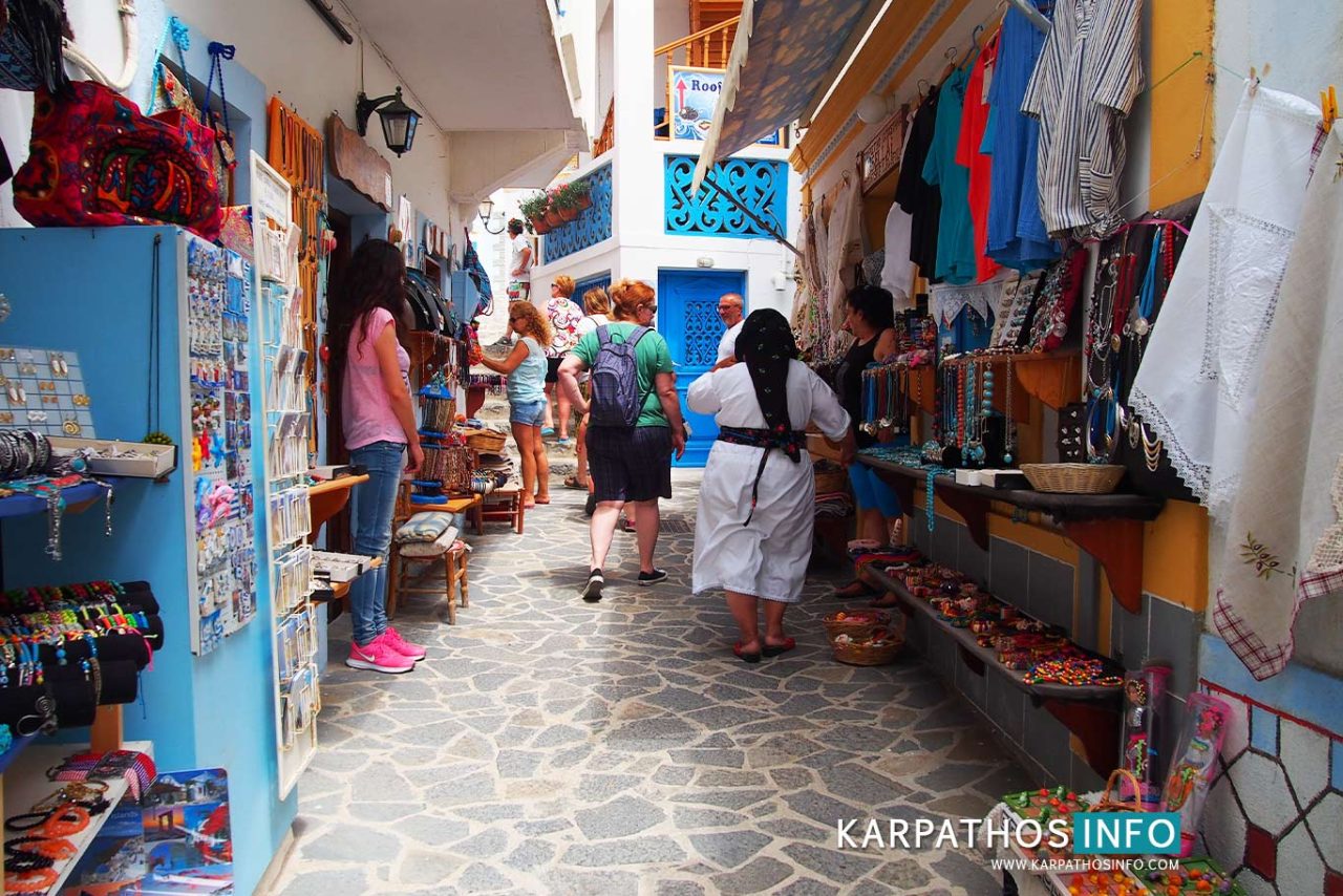 Olymbos street with shops, stores, Karpathos gift and souvenir
