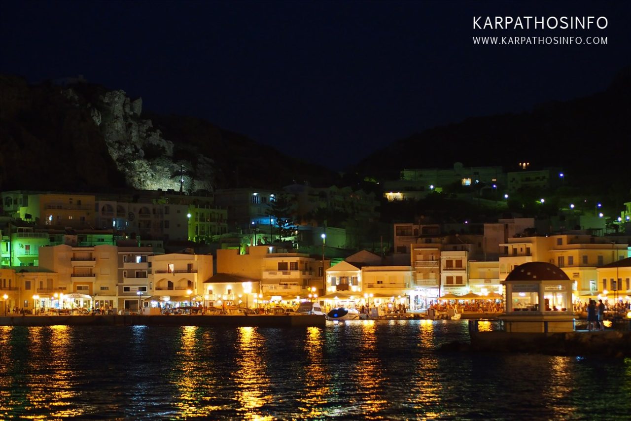 Pigadia port at nights, taverns, restaurants, bars